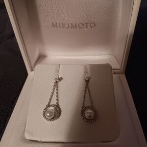Mikimoto White Pearl and Silver Chain Earrings